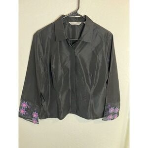 Walter Voulaz Italy Black Silk Floral Embroidered Blouse Size 48